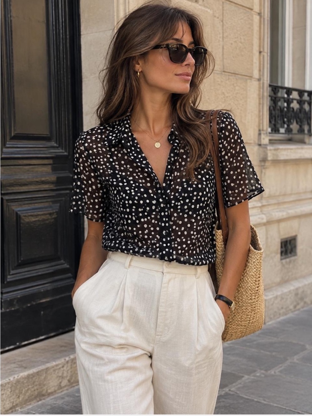 Coldwater Creek Sheer Polka Dot Blouse Black Ivory Flutter Sleeve L 14